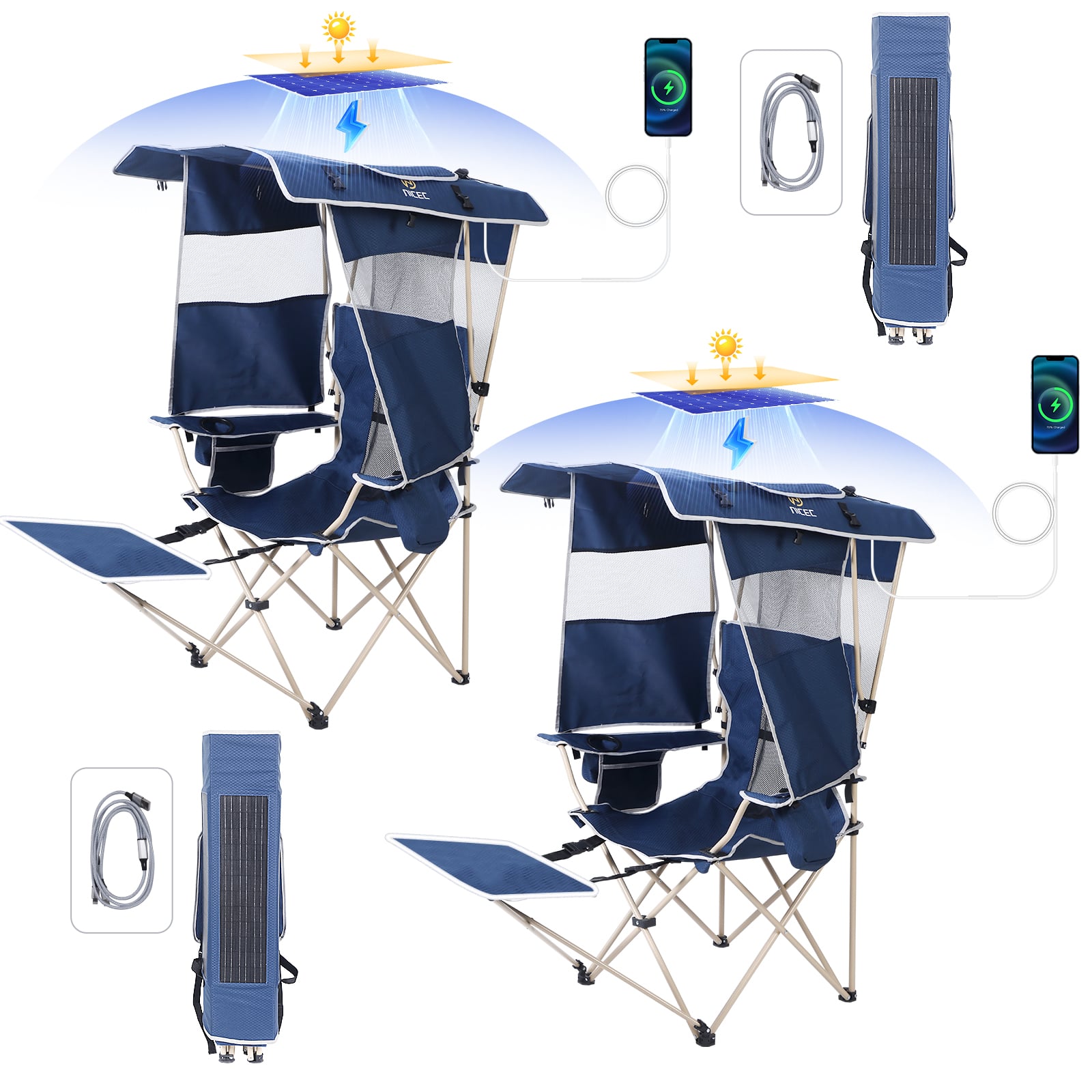 Nice C Chair with Canopy, Solar USB Charging, Removable Footrest &amp; Cooler Bag 