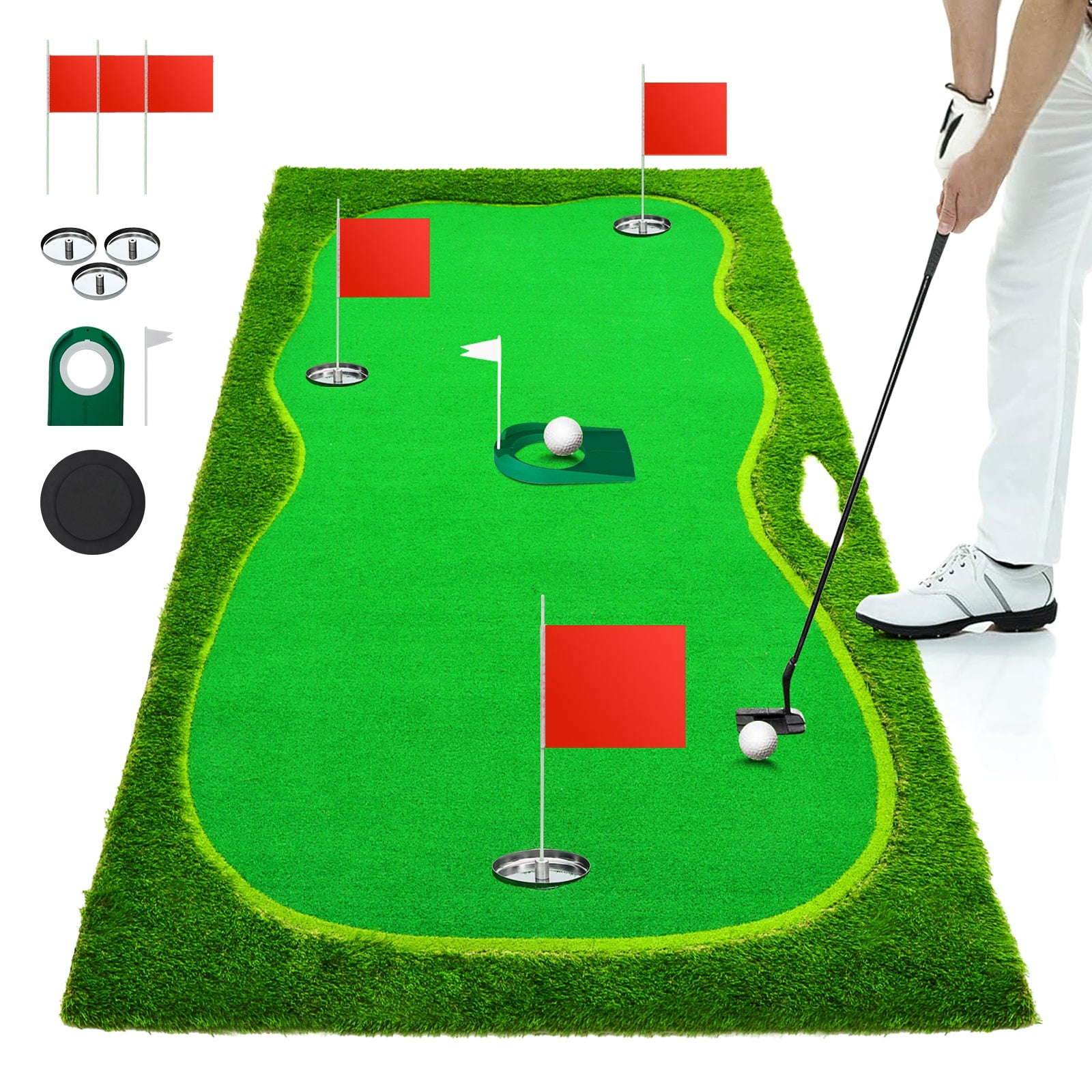 Nice C 5x12 FT Indoor &amp; Outdoor Putting Green with 3 Holes, Flags &amp; Slope – Golf Mat for Home Practice &amp; Simulators 