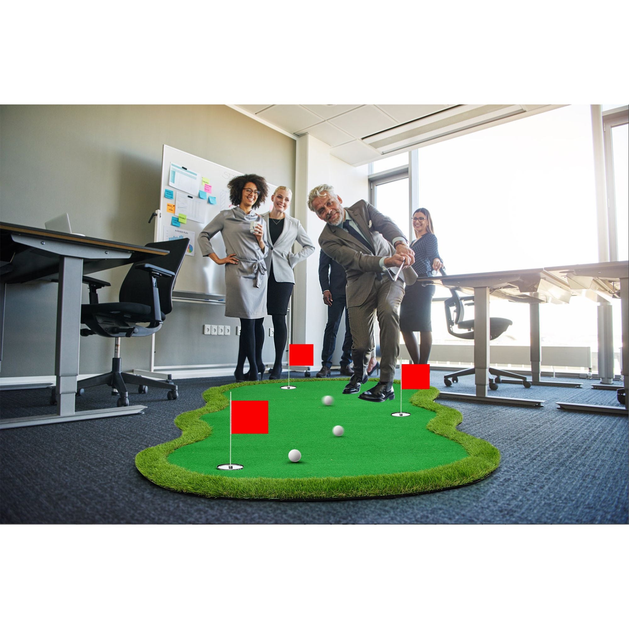 Nice C 5x10 ft Putting Green Mat – Indoor &amp; Outdoor Golf Simulator with 3 Holes, Flags &amp; Challenge Cup 