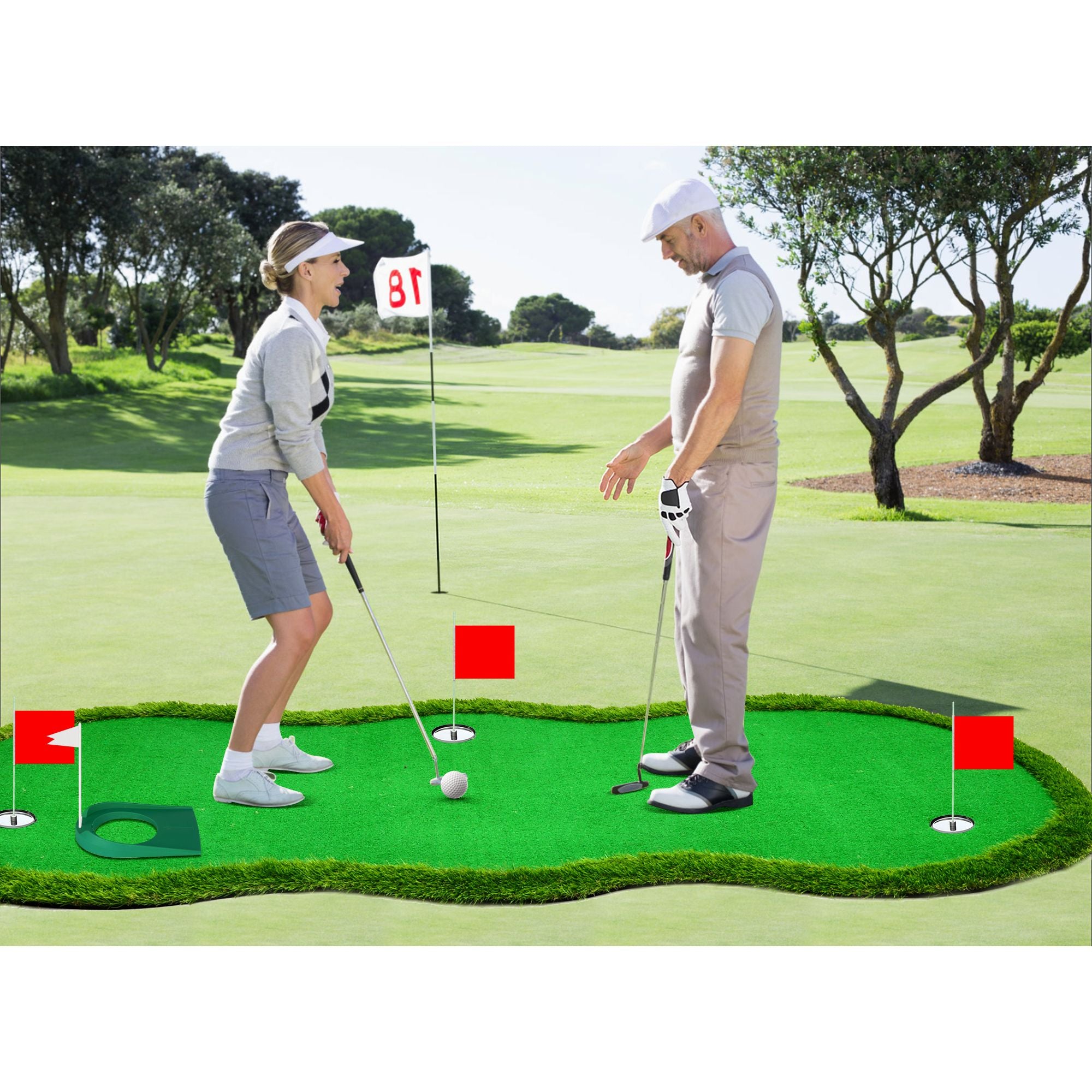 Nice C 5x10 ft Putting Green Mat – Indoor &amp; Outdoor Golf Simulator with 3 Holes, Flags &amp; Challenge Cup 