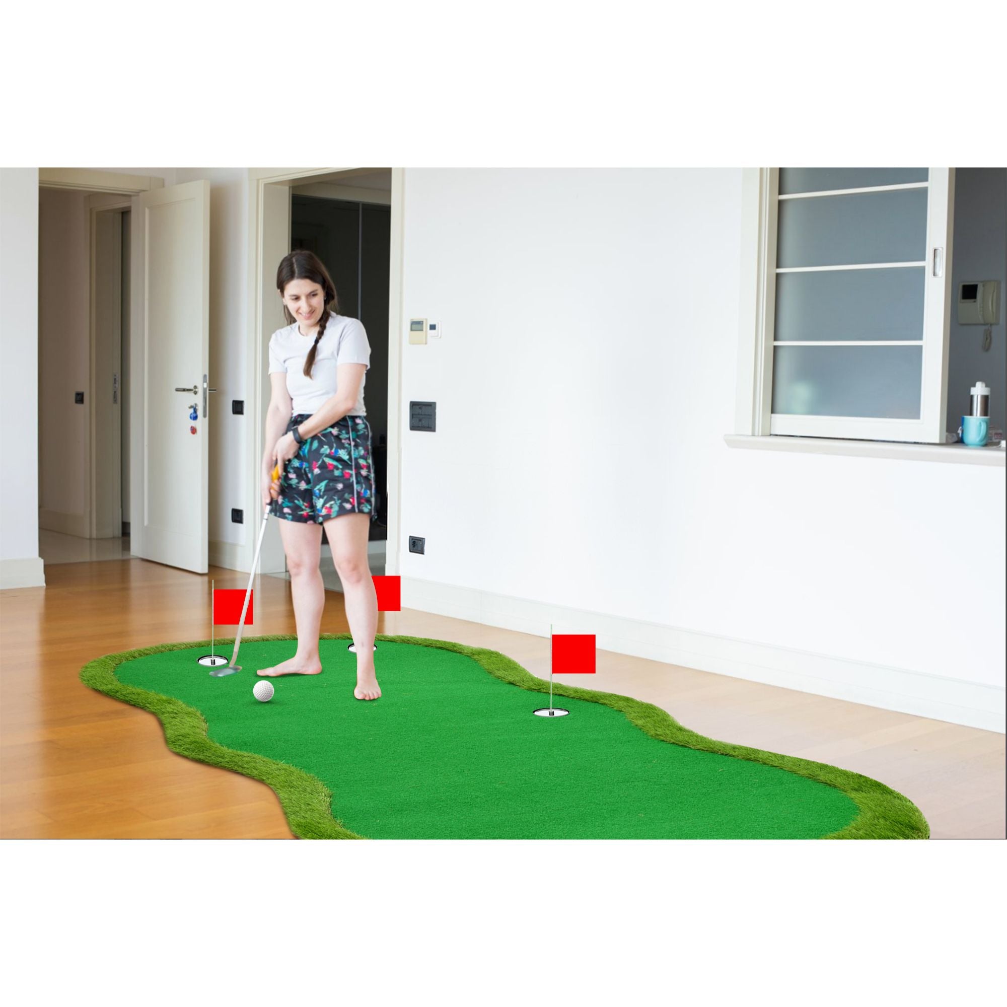 Nice C 5x10 ft Putting Green Mat – Indoor &amp; Outdoor Golf Simulator with 3 Holes, Flags &amp; Challenge Cup 