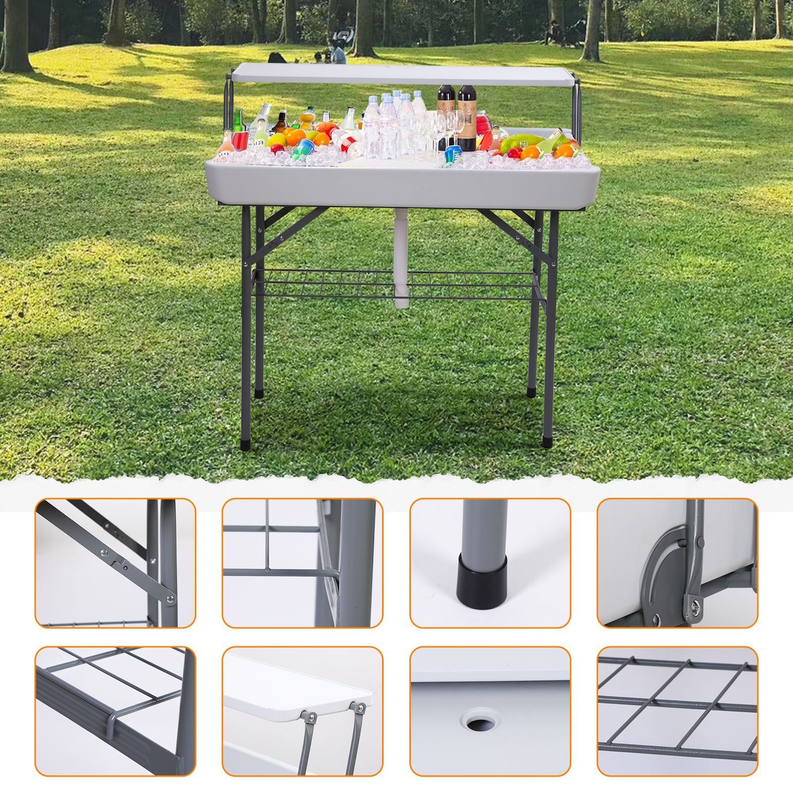 Nice C 4 ft Folding Ice Cooler Table – Party, Grazing &amp; Outdoor Table with Drain, Storage Shelf, and Matching Skirt 