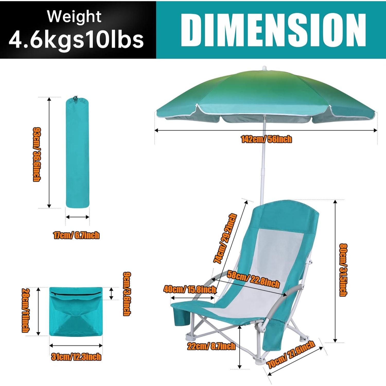 Nice C Beach Chair with Umbrella &amp; Cooler – High Back, Cup Holder, Carry Bag