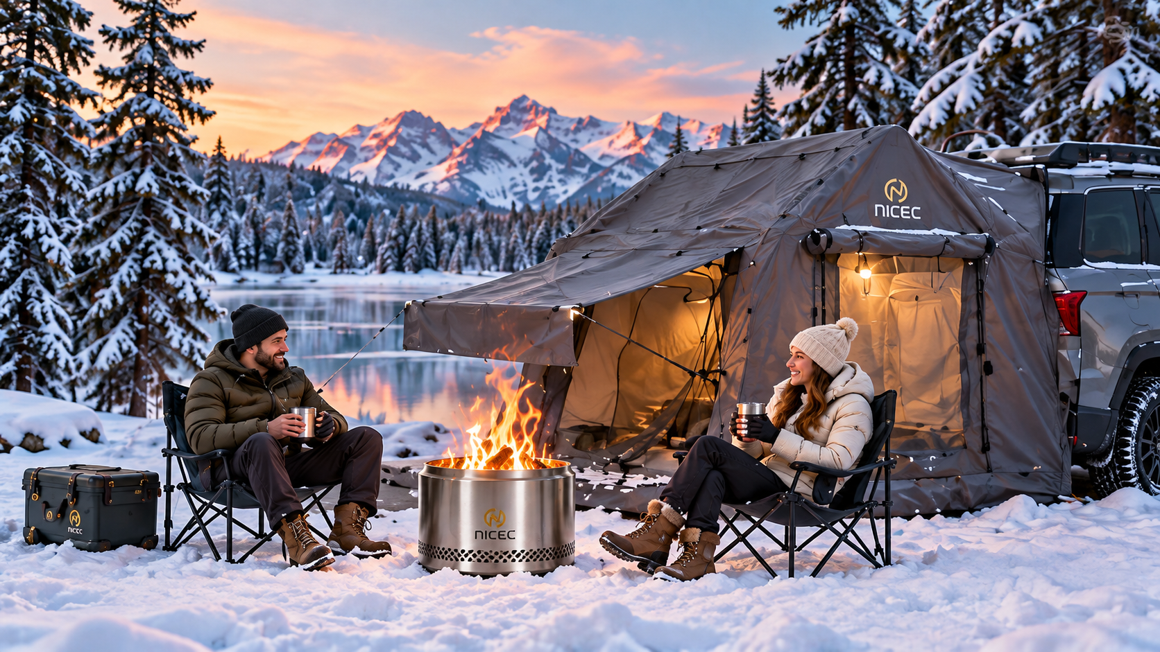 A winter campsite with a vehicle tent, camping chairs and a fire