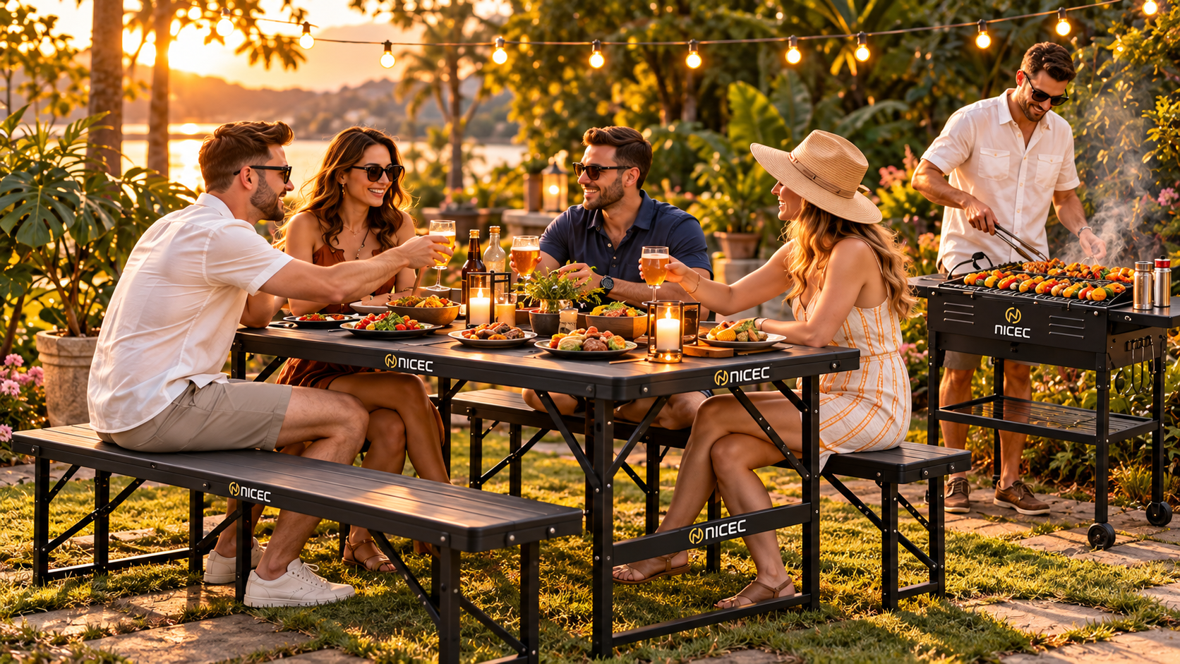 Friends enjoying an outdoor dinner under warm string lights