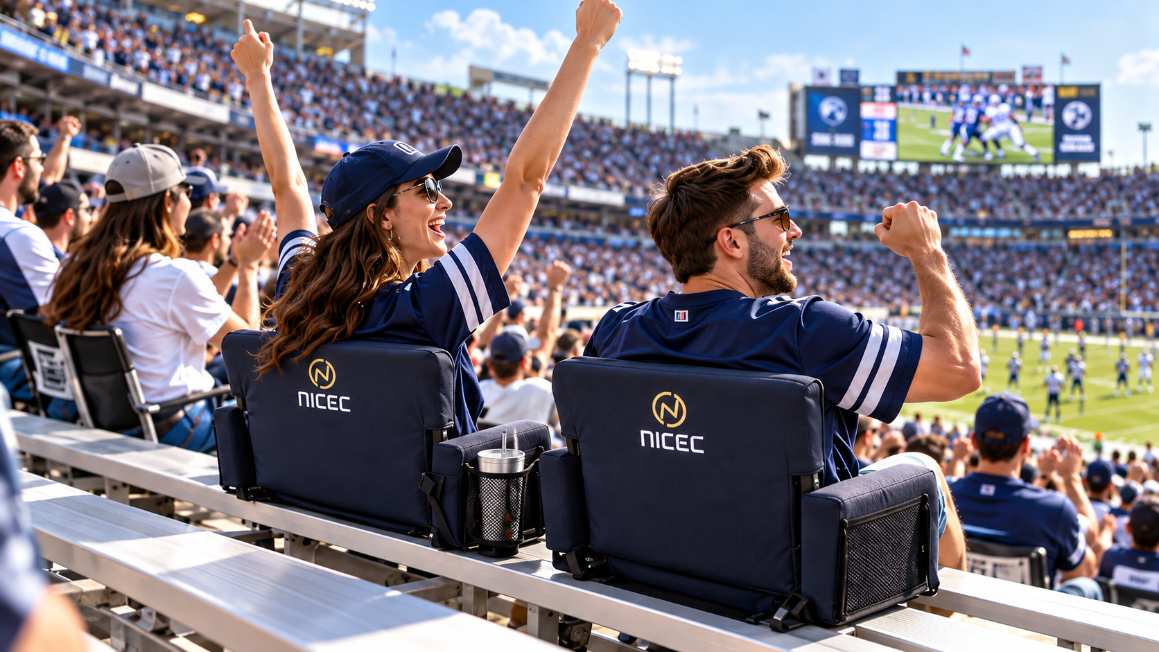 Fans watching a stadium game from padded stadium seats